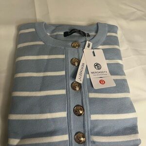 MEROKEETY Blue and White Striped dress